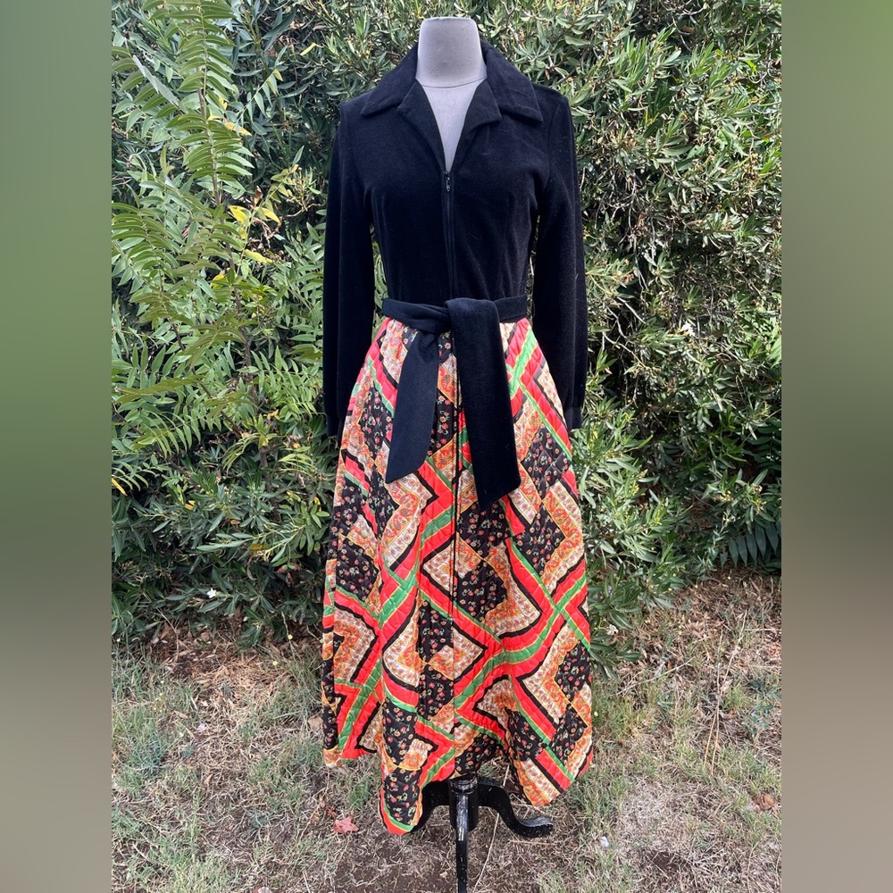 Vintage 1960’s Evelyn Pearson black velvet, multicolored quilted patchwork maxi